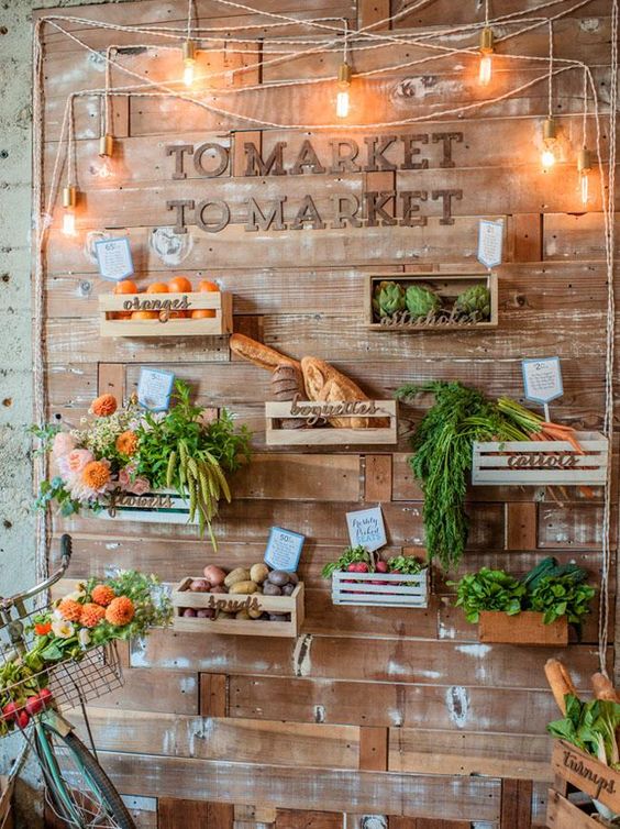 Wooden Plank Market Wall with Fresh Vegetables (would be a fantastic photo backdrop) – shared on Habitat Events