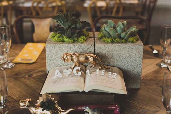 Gold Lion with Moss and Succulents Double Cinderblock Centerpiece – shared on White Magazine