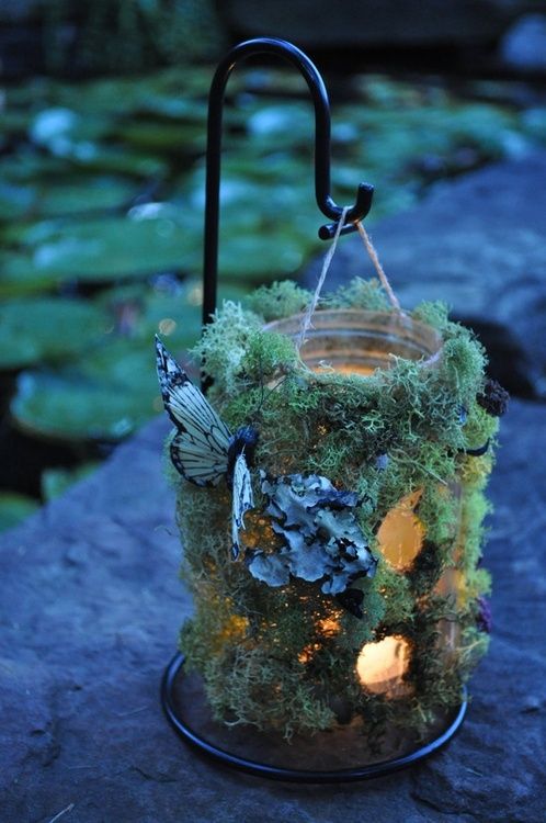 Illuminated Moss Covered Jar with Butterfly Accent