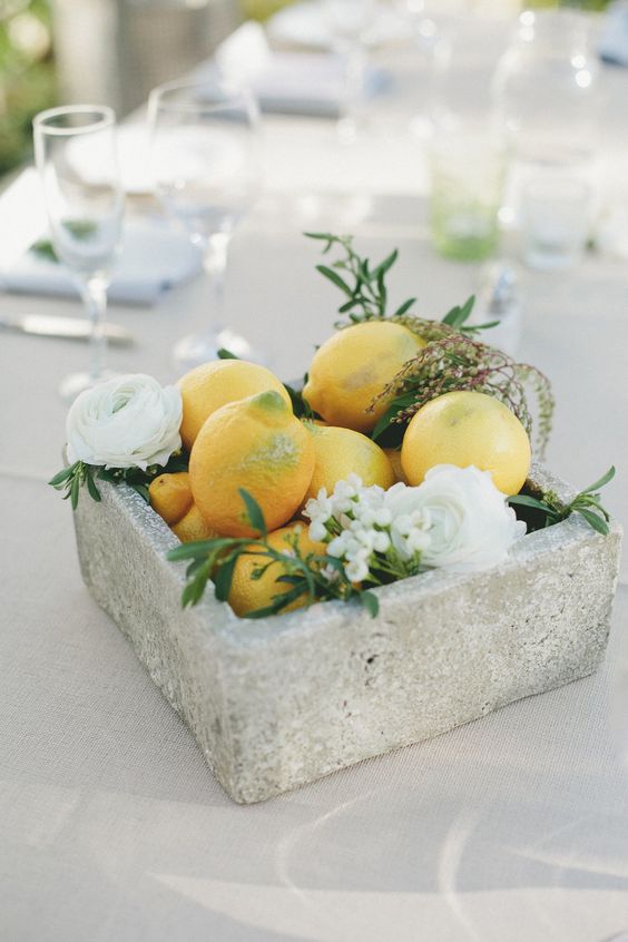 Lemons and Greenery Concrete Block Centerpiece – shared in the Style Me Pretty Vault