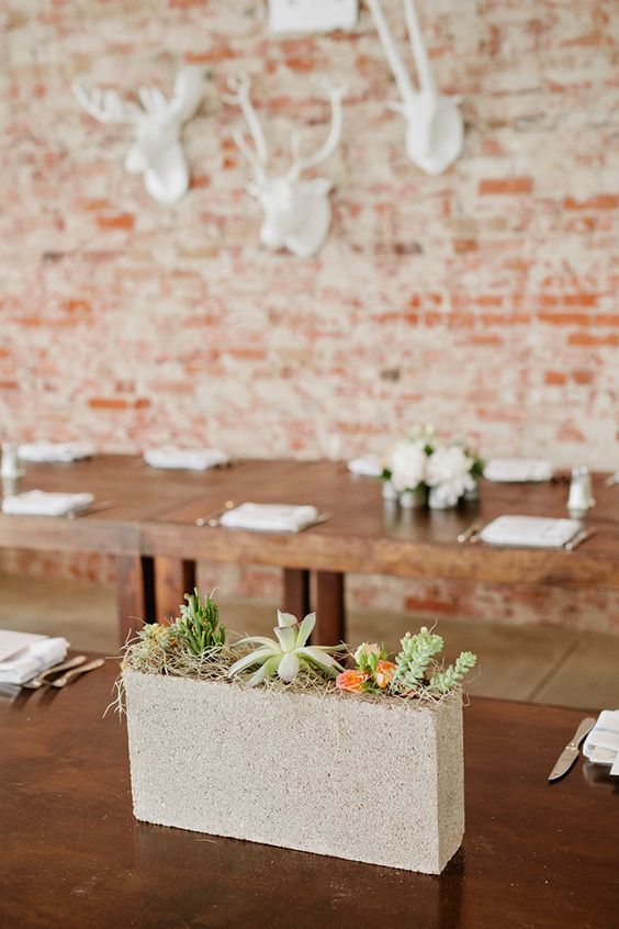 Narrow Concrete Cinder Block with Succulents – shared on Mon Cheri Bridals