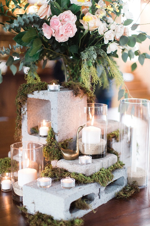 Whimsical Cinder Block Centerpiece with Candles and Moss Accents – shared by Paisley & Jade