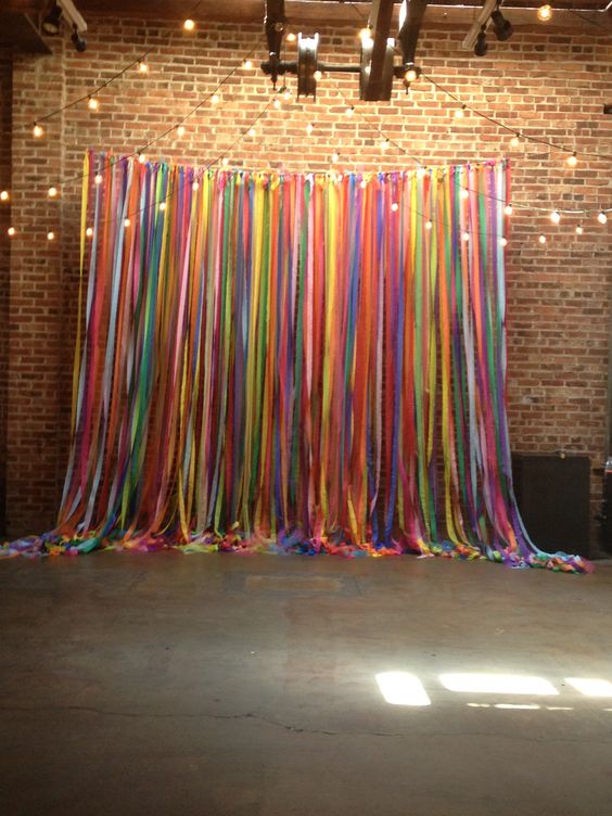 Multi-Color Streamer Ribbon Photo Backdrop with String Lights