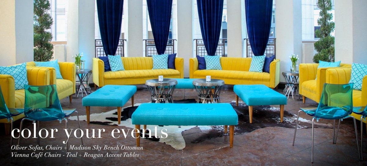 Turquoise Blue, Yellow and Dark Royal Blue Event Reception Lounge – furniture by AFR Events